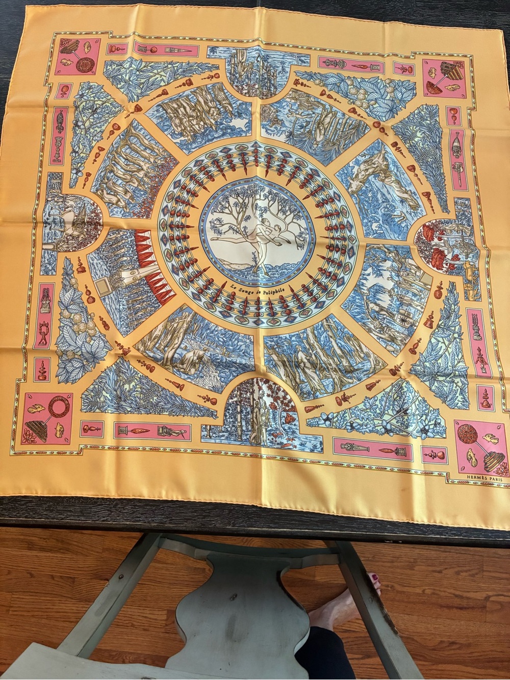 Silk Hermes Scarf Carre 90 Scarf LE SONGE DE POLIPHILE Silk Orange/ Blue 90cm